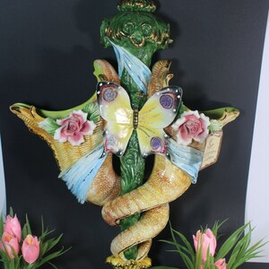 Xl capodimonte italian porcelain wall vase cornucopia horn butterfly rare