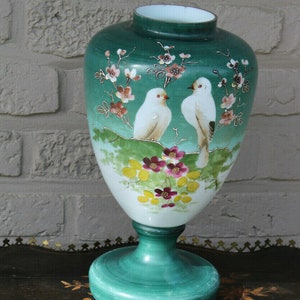 Antique french opaline glass vase with couple birds romantic