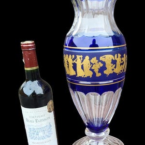 Val saint lambert 40 cm grote kristallen glazen vaas kobaltblauw goud danse flore