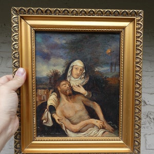 Antike französische Öl Leinwand Pieta Jesus Gemälde religiös