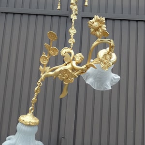 Vintage french bronze brass angel putti cherub chandelier pendant lamp rare