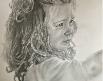May include: A black and white pencil drawing of a young girl with curly hair looking to the right. The girl is wearing a light colored shirt.