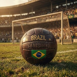 May include: A brown vintage football with the word "BRAZIL" in gold lettering and the Brazilian flag. The ball rests on green grass in front of a goal and stadium seating.