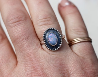 Flashy Australian Opal Oval Shadowbox Sterling Silver Ring Size 6.5 | The Haute Bohemian | Hammered Band | Boarder Ring