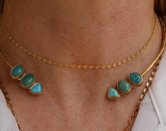 Sonoran and Kingman Turquoise Brass Neck Cuff Choker Necklace | The Haute Bohemian Jewelry