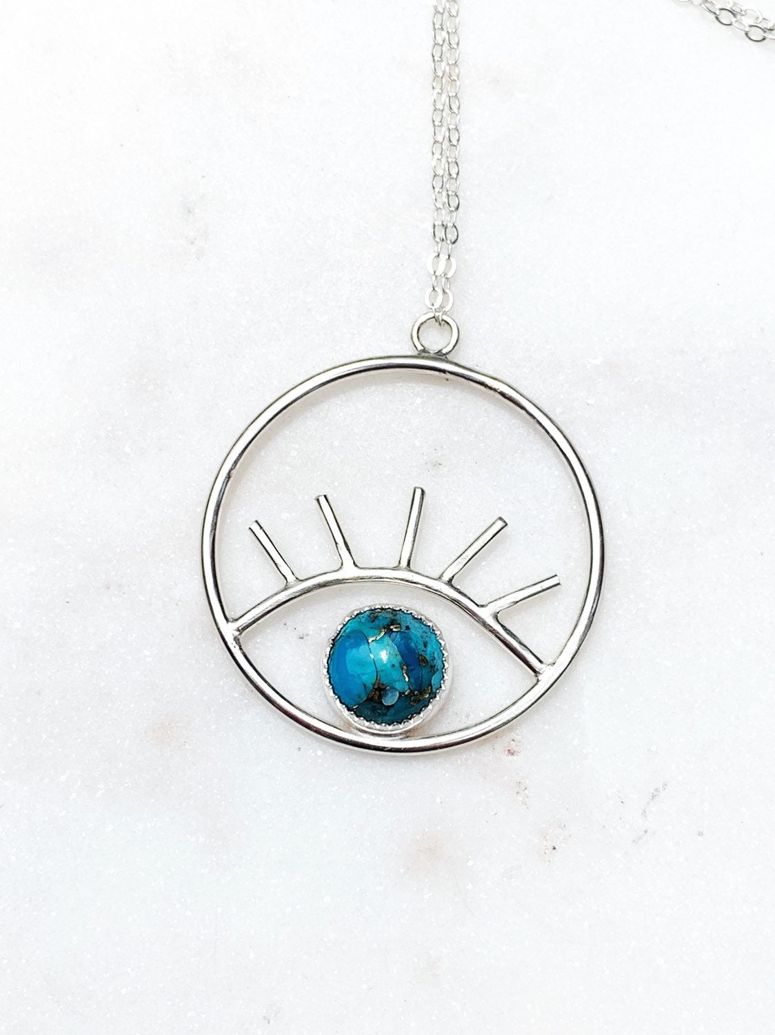 Copper Turquoise Evil Eye Circle Pendant Sterling Silver Etsy