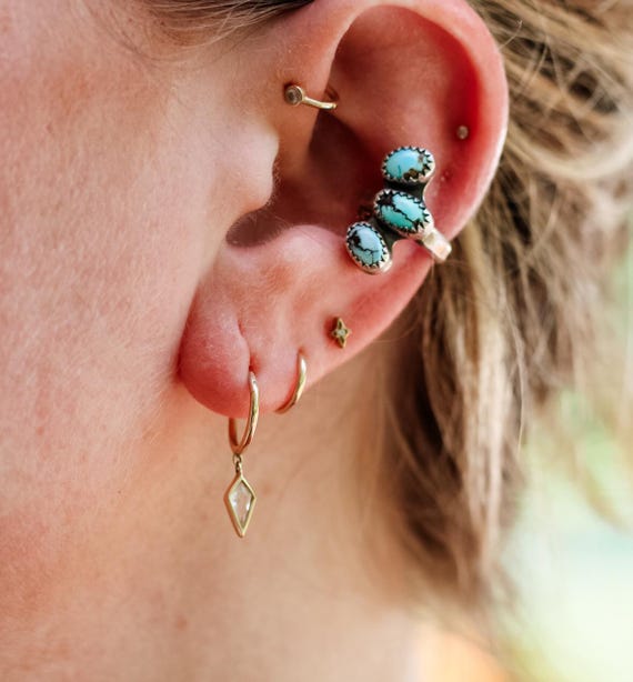 Golden Hills Turquoise Triple Stone Sterling Silver Climber Ear Cuff  Earring The Haute Bohemian Right or Left Ear Cuff Conch Earring