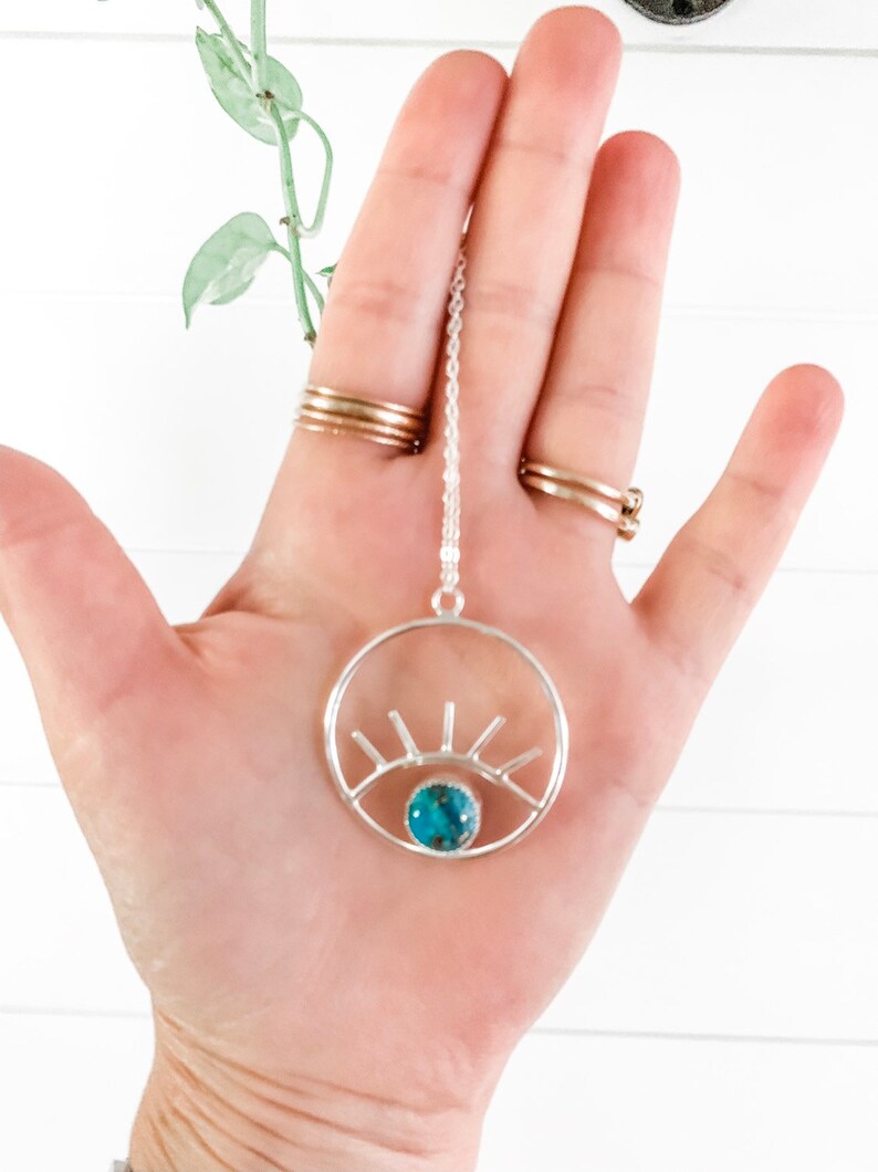 Copper Turquoise Evil Eye Circle Pendant Sterling Silver Etsy