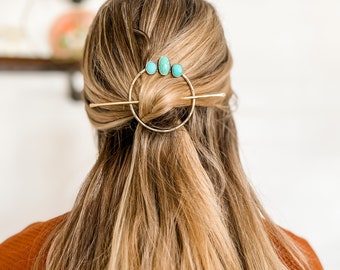 Faceted Turquoise Gemstone Circle Brass Hair Pin | The Haute Bohemian | Boho Hair Accessories | Hair Jewelry | Bridal Hair
