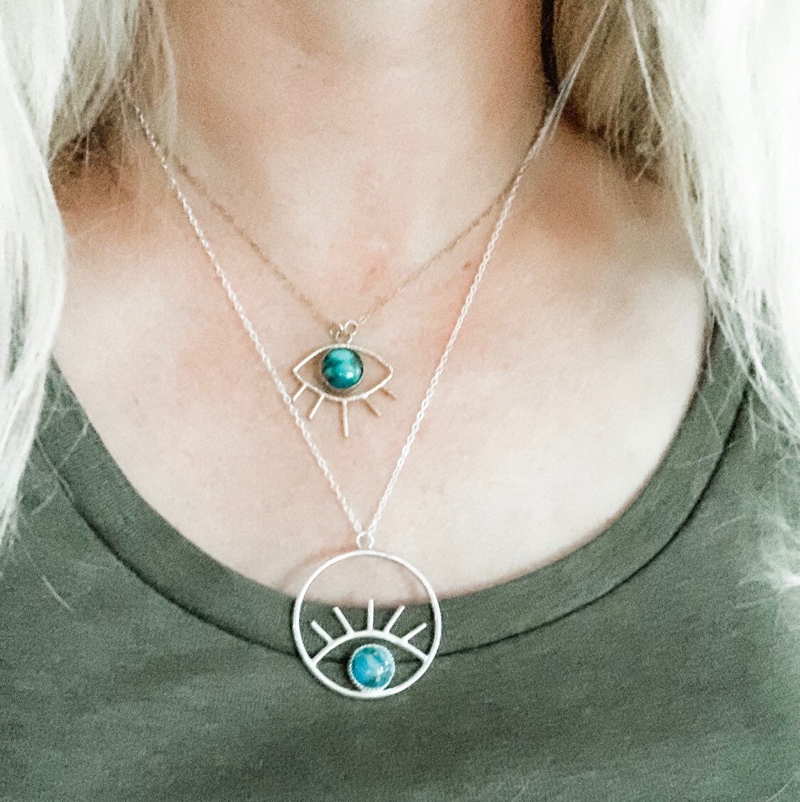 Copper Turquoise Evil Eye Circle Pendant Sterling Silver Etsy