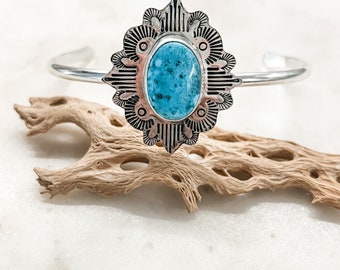 Statement Hand Stamped Kingman Turquoise Bohemian Sterling Silver Cuff Bracelet | The Haute Bohemian