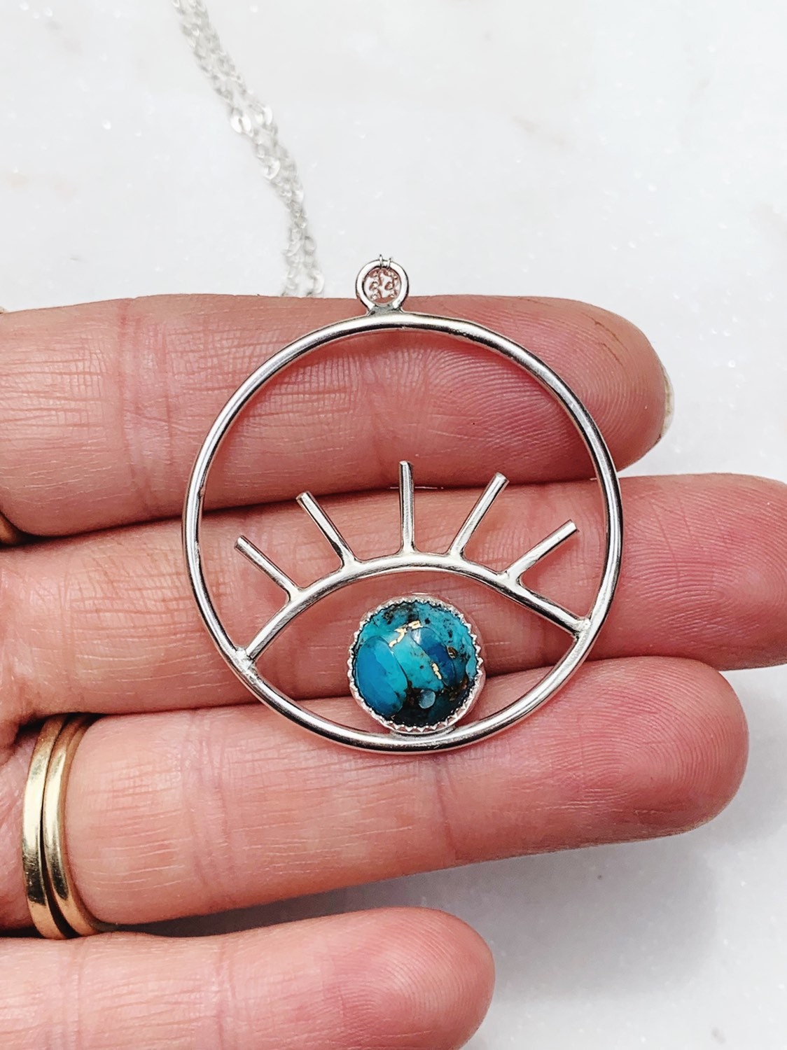 Copper Turquoise Evil Eye Circle Pendant Sterling Silver Etsy