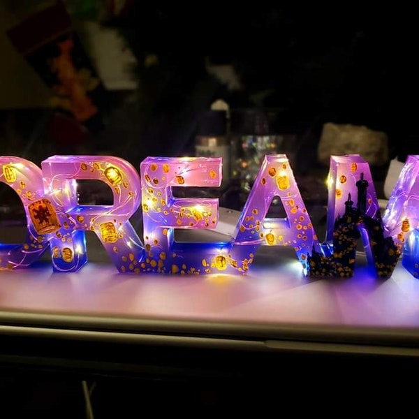 Tangled Inspired DREAM Lighted Resin Sign with Handpainted Lanterns and Castle