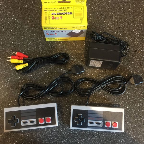 New Original Nintendo NES System Power Supply + 2 Controllers + A/V AV Audio Video Cable Output