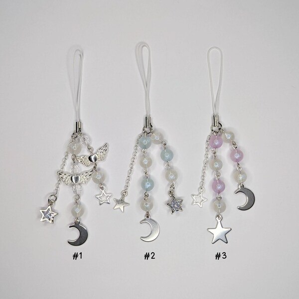 Soft Pastel Star and Moon phone charms. beaded accessory -  {Bearies} (pastel goth, grunge, y2k, cute, soft, aesthetic)