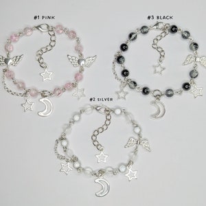 Star & Moon beaded bracelet- black, silver and pink beaded {Bearies} (pastel goth, fairycore, y2k, kawaii)