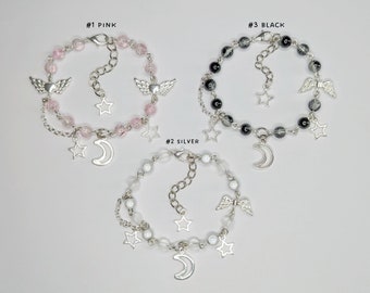 Bracciale con perline Star & Moon - {Bearies} con perline nere, argento e rosa (goth pastello, fairycore, y2k, kawaii)