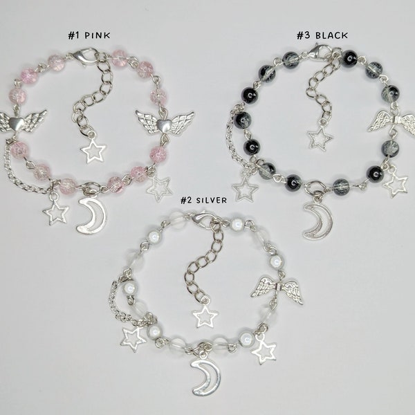 Star & Moon beaded bracelet- black, silver and pink beaded {Bearies} (pastel goth, fairycore, y2k, kawaii)