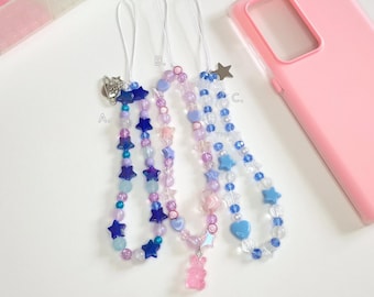 Y2K Beaded Phone Charm Strap: Lilac, Blue & Pink - Handmade