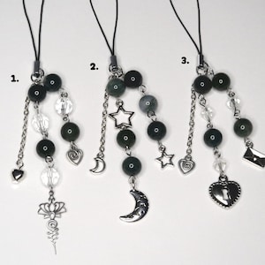 green moss agate beaded phone charm - phone strap keychain y2k 2000s grunge goth kpop trinket acubi dark aesthetic star charm