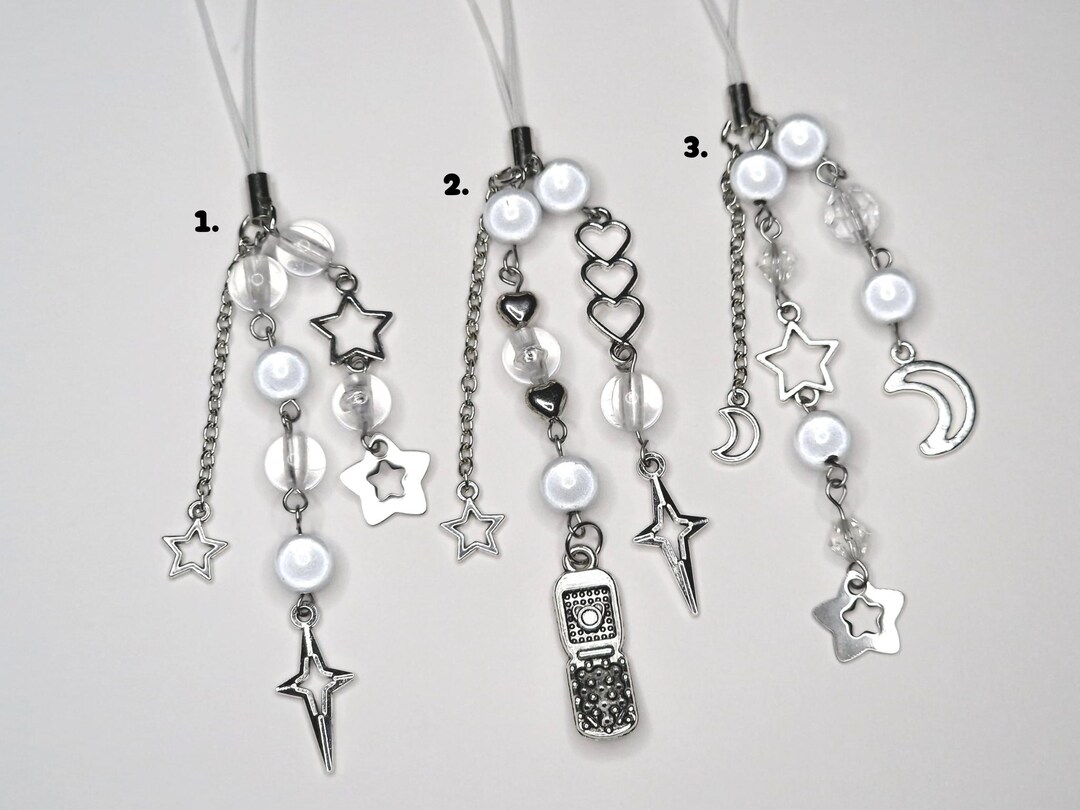 Silver Y2k Star Beaded Phone Charm - Phone Strap Keychain Y2k 2000s ...