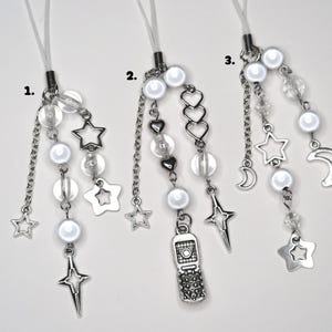 silver y2k star beaded phone charm - phone strap keychain y2k 2000s grunge goth kpop trinket acubi dark aesthetic