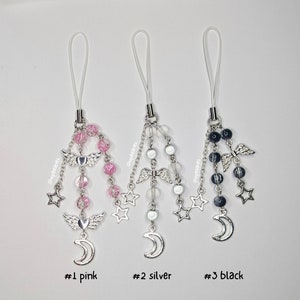 Star & Moon phone charm / phone strap / keyring - black, silver and pink beaded {Bearies} (pastel goth, fairycore, y2k, kawaii)