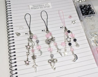 pink/grey phone charms - eclipse collection - beaded accessory  {whimsy goth, acubi, pinkcore, cyberY2K, aesthetic, pastel, trending}