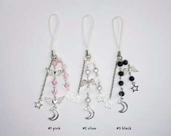 Stern & Mond Handyanhänger / Handyanhänger - Schlüsselanhänger in schwarz, silber und pink (pastel goth, fairycore, y2k, kawaii)