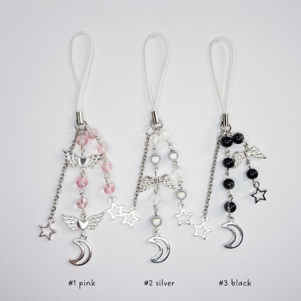 Star & Moon phone charm / phone strap / keyring - black, silver and pink beaded {Bearies} (pastel goth, fairycore, y2k, kawaii)