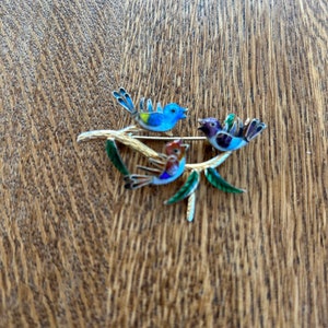 Chinese Gold Vermeil Silver and Enamel Birds on Branch Pin or Brooch