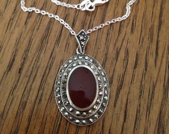 Sterling Silver Carnelian and Marcasite Necklace