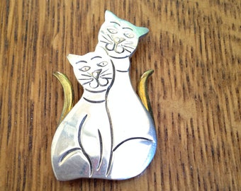 Sterling Silver and Brass Pair of Cats Pin