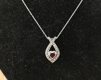 Sterling Silver Red Garnet and Marcasite Pendant Necklace 18”