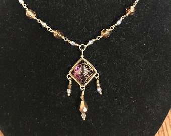 Gold Sterling Silver Gold Beaded Lariat Necklace with Purple and Gold overlay Center Stone