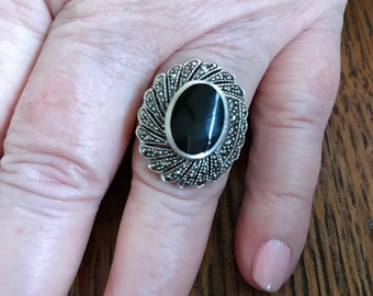 Sterling Silver Onyx and Marcasite Ring, size 10