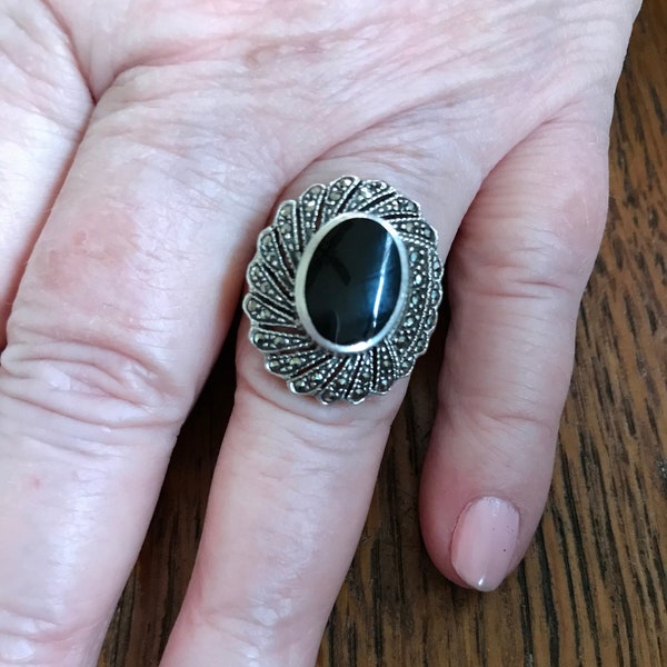 Sterling Silver Onyx and Marcasite Ring, size 10