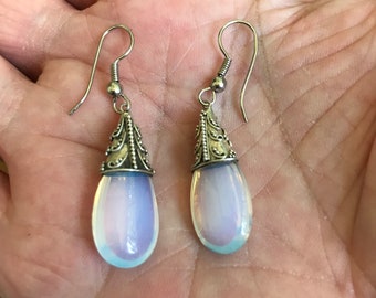 Vintage Faceted Chalcedony Teardrop and Sterling Silver Bead Teardrop Dangle Earrings Pair with Sterling Silver French Wire Back