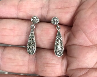 Antique Style Marcasite Gray Glass Tear Drop Earrings