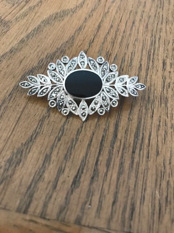 Sterling Silver Onyx and Marcasite Brooch - image 1