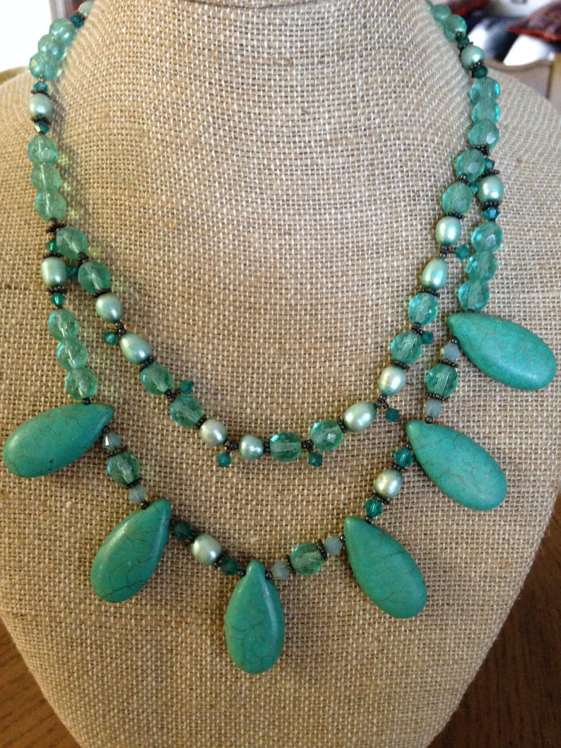 Turquoise and Freshwater Pearl Blue Beaded Necklace