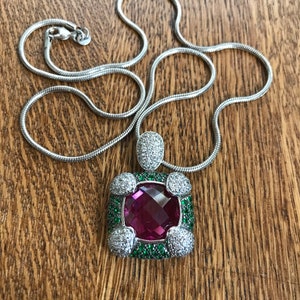 Sterling Silver Red, Green and White Cubic Zirconia Pendant Necklace 22”