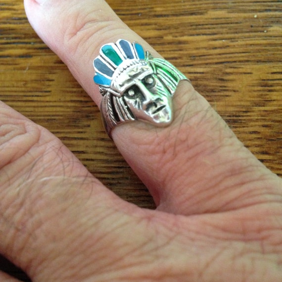 Sterling Silver and Enamel Native American Chief … - image 1