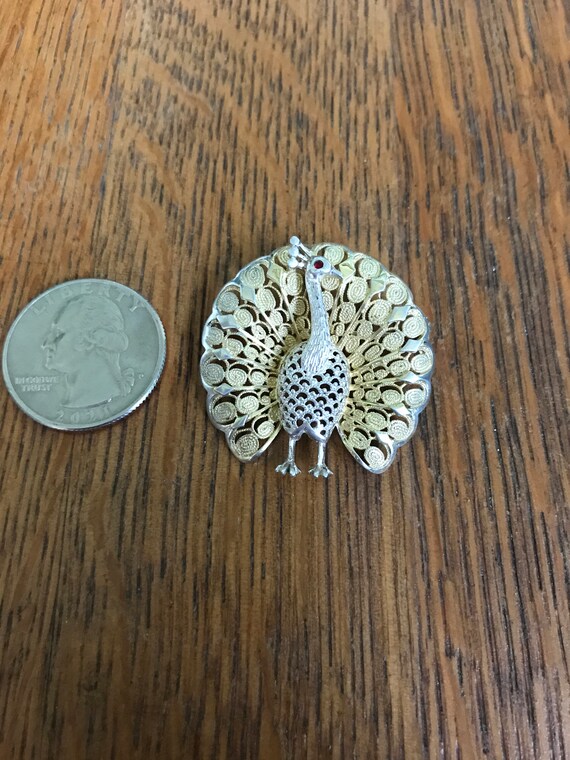 800 Fine Silver and Gold colored Peacock Brooch - image 2