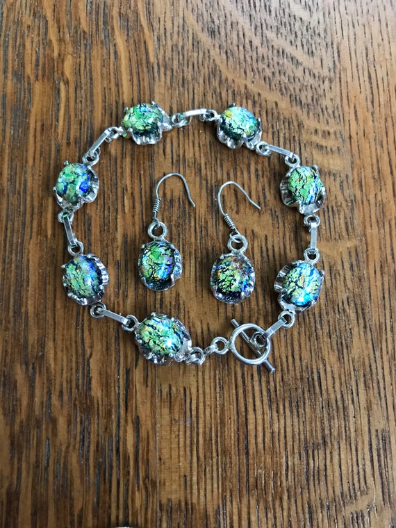 Sterling Silver and Green Glass Bracelet and Dangl