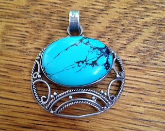 Large Sterling Silver and Turquoise Pendant