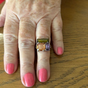 Sterling Silver Amethyst Topaz and Tourmaline Ring, size 6