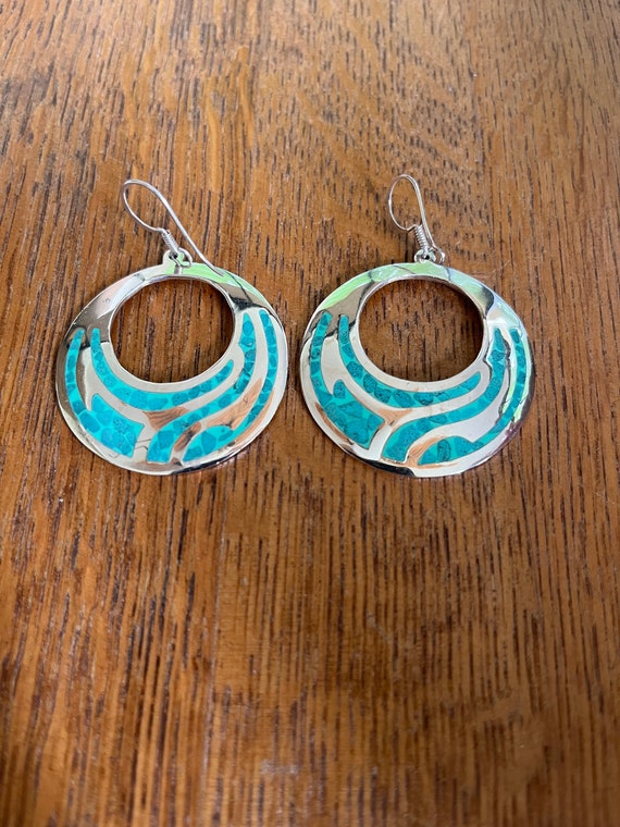 Sterling Silver and Turquoise Inlay Dangle Earrin… - image 1