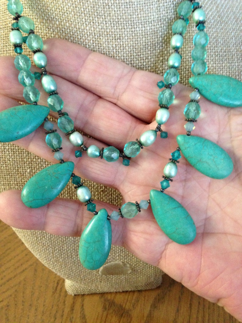 Turquoise and Freshwater Pearl Blue Beaded Necklace
