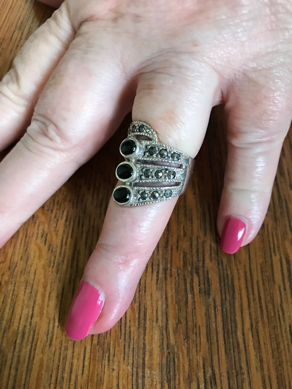 Sterling Silver and Onyx Ring with Marcasites - image 3